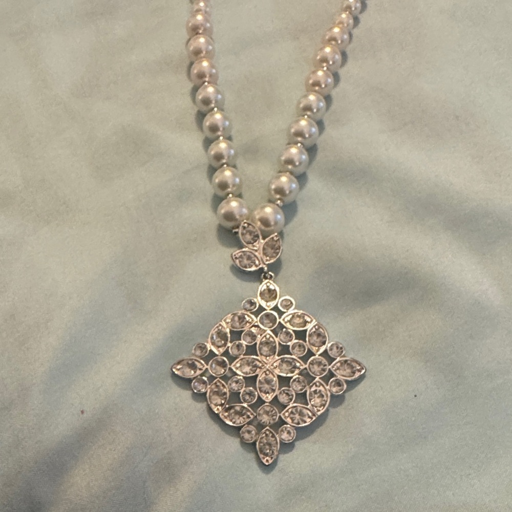 Napier Silver Pearl Necklace with Crystal Pendant